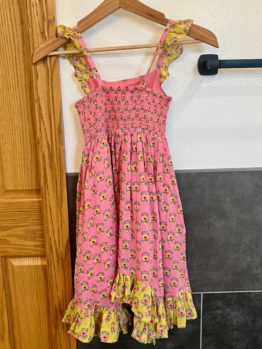 Mini Boden Handkerchief Hem Sleeveless Dress Yellow Pink Floral Print Girls 5-6Y